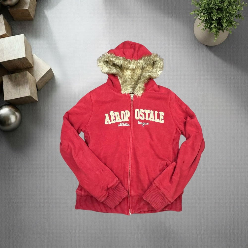 Aeropostale Vintage Y2K Red Faux Fur Lined Zip Up Hoodie Womens XL Skater Style